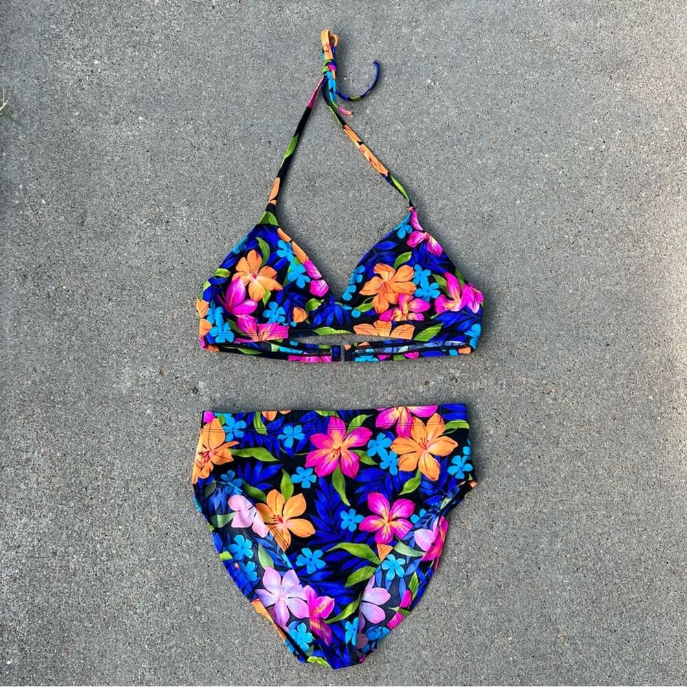 VTG 90s Catalina neon hibiscus tropical floral high rise halter swim bikini 1X